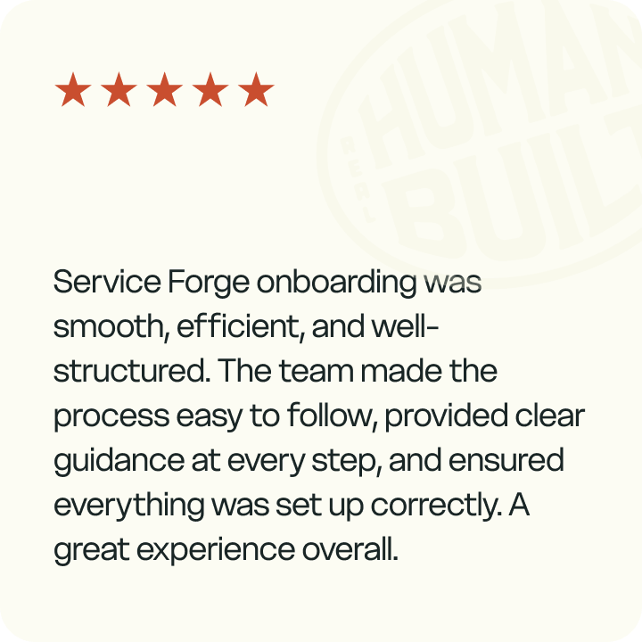 ServiceForge onboarding was smooth, efficient, and well-structured. The team made the process easy to follow, provided clear guidance at every step, and ensured everything was set up correcty. A great experience overall. - Review by Michel Pineiro